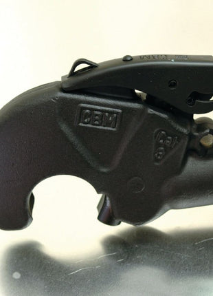 Close-up of a black industrial metal attachment featuring a latch mechanism and embossed with various markings, including "CBM". This end of the Hydraulic Top Link (Cat.28mm/3) Knuckle and Q.R CBM Hook by Sparex showcases rugged durability, ideal for heavy-duty applications. The implement has a cylinder bore of 80mm and a minimum length of 695mm (Sparex Part No. S.399713).