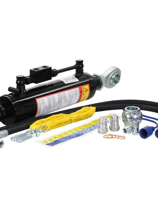 Sparex Hydraulic Top Link (Cat.3/2) Ball and Q.R CBM Hook, Cylinder Bore 80mm, Min. Length 637mm—featuring a hydraulic cylinder, hoses, fittings, yellow strap, and various connectors—perfect tractor parts for maintenance—arranged on a white background. | Sparex Part No.S.399876