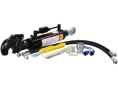 Sparex Hydraulic Top Link (Cat.3/2) Ball and Q.R CBM Hook, Cylinder Bore 80mm, Min. Length 637mm—featuring a hydraulic cylinder, hoses, fittings, yellow strap, and various connectors—perfect tractor parts for maintenance—arranged on a white background. | Sparex Part No.S.399876