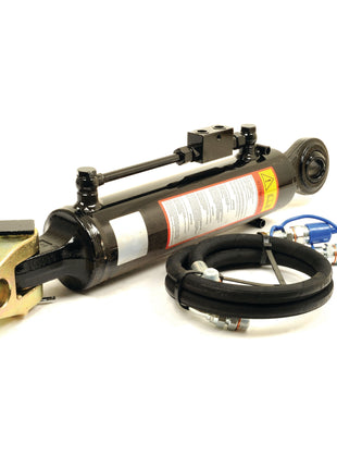 A Sparex Hydraulic Top Link (Cat.2/3) Knuckle and Ball, Cylinder Bore: 90mm, Min. Length: 640mm (Sparex Part No.S.399992), complete with mounting hardware, hydraulic hoses, and connectors, displayed on a white background. This durable metal cylinder is designed for tractors and features warning labels for safety.