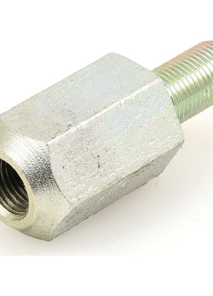 A close-up image of the Sparex Dual Wheel Adaptor 9/16'' x 9/16'' UNF (Sparex Part No. S.40241) shows a metallic hex coupling nut with male and female threaded ends, designed for various applications. The hexagonal shape makes it easy to tighten with a wrench, suitable for use in settings like dual wheel assemblies or Massey Ferguson machinery.