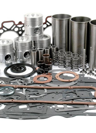 A Sparex Engine Overhaul Kit with Valve Train (Semi Finished) (Sparex Part Number: S.40395), featuring an assortment of Perkins engine parts such as an engine gasket set, pistons, cylinder liners, valves, and piston rings, is arranged neatly on a white background.