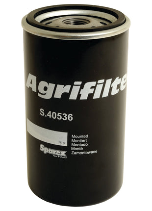 A black cylindrical oil filter labeled "Oil Filter - Spin On | Sparex Part No. S.40536" from the brand Sparex, featuring an anti-drain valve for optimal performance.