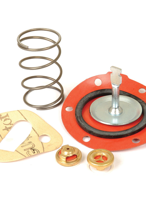 The Fuel Lift Pump Repair Kit (Sparex Part No.S.40568) by Sparex includes a metal spring, a red rubber gasket assembly, a beige cardboard gasket, and two brass valve pieces arranged on a white surface, suitable for Massey Ferguson machinery.