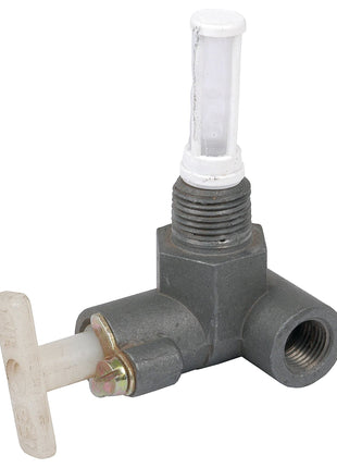 The Sparex Fuel Tap (Sparex Part No. S.40574) is a metal plumbing valve with a T-shaped handle, featuring a 3/8'' BSPT male thread on one end and a mesh filter on top.