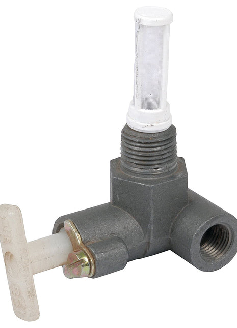 The Sparex Fuel Tap (Sparex Part No. S.40574) is a metal plumbing valve with a T-shaped handle, featuring a 3/8'' BSPT male thread on one end and a mesh filter on top.