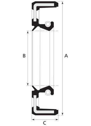 A detailed technical diagram displaying a cross-section with labeled dimensions A, B, and C, along with various components and structural elements of the Sparex Imperial Rotary Shaft Seal, 1 3/4'' x 2 11/16'' x 5/8'' Double Lip (Part No. S.40806) in a black-and-white scheme.