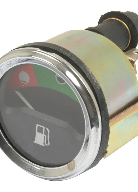 A circular fuel gauge showing an empty tank, with a gas pump icon at the bottom and a red and green background. The 46mm fitting gauge is housed in a metallic casing and supports 12V systems, making it compatible with Sparex components. This is the Fuel Gauge - 12V (Sparex Part No.S.41063) from Sparex.