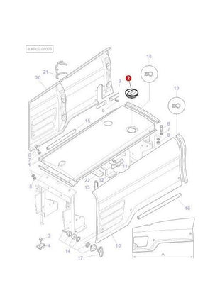 Diagram of vehicle door components, with various parts numbered like those in AGCO Massey Ferguson tractors. A highlighted circle marks one specific component near the top, similar to the Massey Ferguson - Cover - 3800373M1.