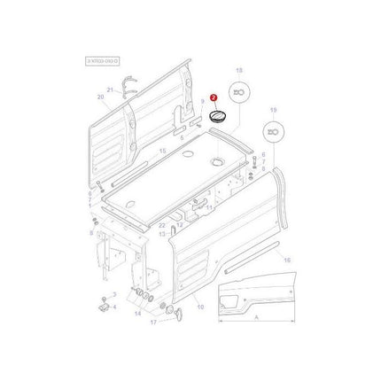Diagram of vehicle door components, with various parts numbered like those in AGCO Massey Ferguson tractors. A highlighted circle marks one specific component near the top, similar to the Massey Ferguson - Cover - 3800373M1.