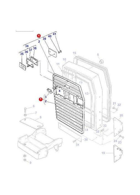 An exploded view diagram of a mechanical assembly, displaying numbered components with corresponding part numbers, including a central gridded panel and various connectors and brackets, ideal for maintenance of Massey Ferguson 200 Series and 300 Series models, featuring AGCO's Massey Ferguson Grille (Part Number: 3701924M91).