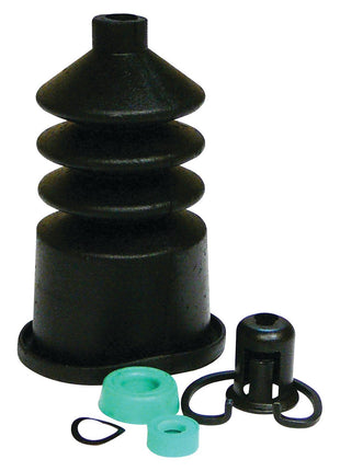 A set of automotive parts from a Brake Master Cylinder Repair Kit by Sparex (Sparex Part No.S.41807), including a black flexible rubber boot, a black plastic cylindrical cap, a green rubber ring, a small green ring, and a black O-ring, arranged on a white background.