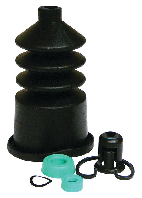 A set of automotive parts from a Brake Master Cylinder Repair Kit by Sparex (Sparex Part No.S.41807), including a black flexible rubber boot, a black plastic cylindrical cap, a green rubber ring, a small green ring, and a black O-ring, arranged on a white background.