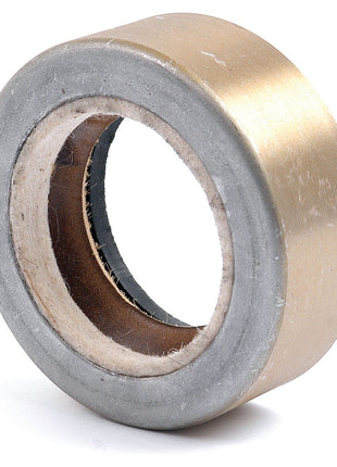 The Sparex Imperial Rotary Shaft Seal (Part No. S.41867), measuring 1 5/8'' x 2 7/16'' x 7/8'', is a cylindrical metal bearing with a silver outer ring and a gold inner ring, featuring a hollow center—perfectly compatible with Massey Ferguson machinery.