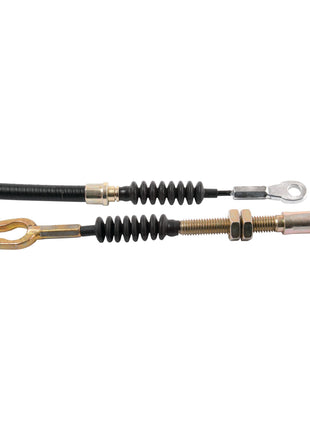 A close-up of the Sparex Brake Cable (Part No. S.42003) shows its black rubber-coated exterior with metal fittings on each end, one featuring a looped connector and the other an eyelet connector, compatible with Massey Ferguson models. The cable measures 1325mm in length with an outer cable length of 1110mm.