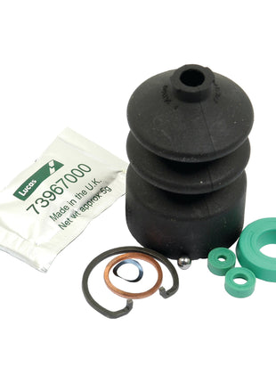 The Sparex Brake Master Cylinder Repair Kit (Sparex Part No. S.42031) features a collection of automotive components, including a black rubber boot, various seals, a metal ring, and a packet labeled "Lucas 73967000 Made in the UK," ideal for maintaining your Massey Ferguson or Brake Master Cylinder.