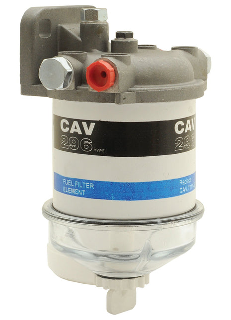 Introducing the Sparex Filter Assembly (Part No. S.42099), a grey and silver CAV 296 type fuel filter, featuring a blue strip labeled "Fuel Filter Element." This unit is compatible with UNF fittings and includes a transparent base along with a red-labeled plug. Designed for optimal performance, this high-quality filter guarantees reliability and efficiency.