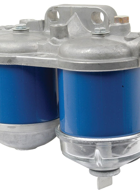 An isolated image of the Filter Assembly | Sparex Part No. S.42156, featuring dual blue metallic canisters with silver tops, suitable for Case IH and New Holland machinery from Sparex.