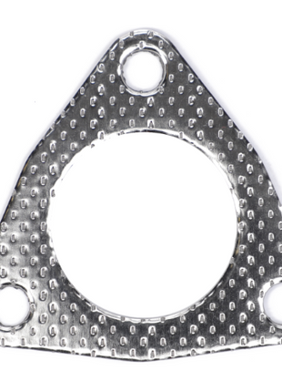 The AGCO Massey Ferguson - Gasket - 4222475M1 is a metallic triangular exhaust gasket with three bolt holes and a textured surface, making it ideal for Massey Ferguson tractor parts and fitting perfectly with the exhaust elbow.