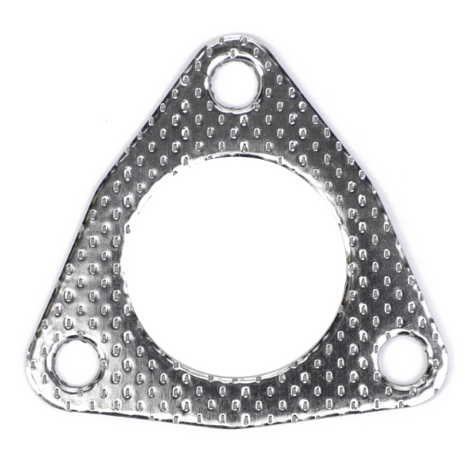 The AGCO Massey Ferguson - Gasket - 4222475M1 is a metallic triangular exhaust gasket with three bolt holes and a textured surface, making it ideal for Massey Ferguson tractor parts and fitting perfectly with the exhaust elbow.