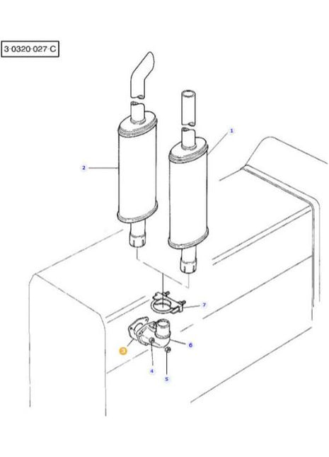 Diagram illustrating the installation process of two cylindrical filters, labeled 1 and 2, on a Massey Ferguson machine. Components include a lever, connectors, sealing rings, and the AGCO Massey Ferguson - Gasket - 4222475M1. Each part is numbered for reference. Also featured is the exhaust elbow as part of the tractor parts assembly.