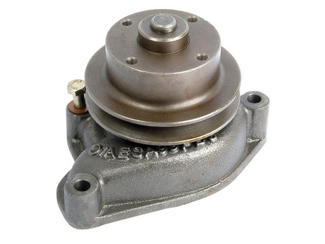 The Sparex Water Pump Assembly is a metal mechanical component with a cylindrical body and base, featuring a Poly-Vee Pulley and a small bolt on one side, and is suitable for Massey Ferguson machinery.