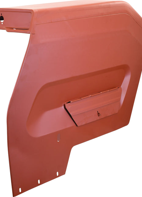 A large, rust-colored metal panel with a rectangular recessed area and an attached flap at the center, reminiscent of a classic Massey Ferguson fender, such as the Fender (with Tool Box) - RH | Sparex Part No.S.42446 by Sparex.