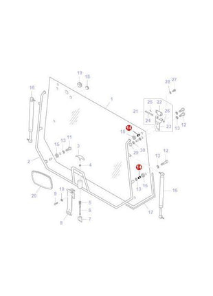 Exploded diagram showing the components and assembly of a Massey Ferguson - Bush Rear Window Mechanism (V30628500) by AGCO, with various parts labeled by numbers.