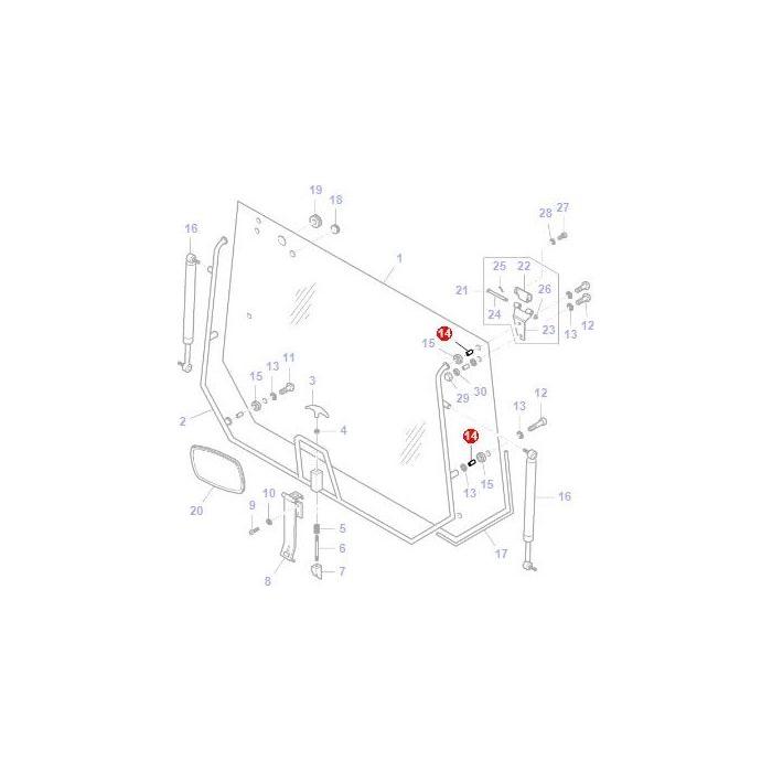 Exploded diagram showing the components and assembly of a Massey Ferguson - Bush Rear Window Mechanism (V30628500) by AGCO, with various parts labeled by numbers.