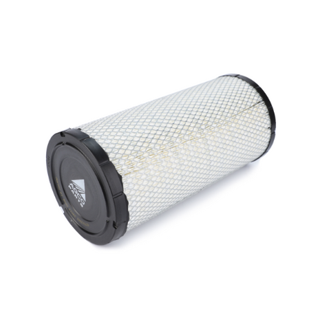 A Massey Ferguson - Filter Air Outer - 4270033M1 from AGCO, featuring a cylindrical design with a metal mesh exterior and black plastic ends, viewed from an angled perspective, compatible with Massey Ferguson 5400 Series tractors.