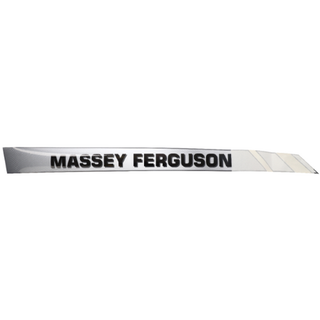 A silver Massey Ferguson - Decal Right Hand Bonnet (4272304M1) by AGCO, featuring bold black text, suitable for models like the 4435 and 5425.