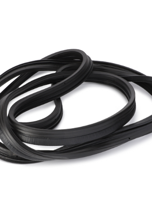 The AGCO Massey Ferguson Door Seal (Part Number 4272776M1) is shown coiled, featuring a smooth black rubber surface against a white background. It is perfect for use in Massey Ferguson 5400 Series tractor cabs.