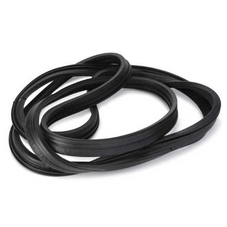 The AGCO Massey Ferguson Door Seal (Part Number 4272776M1) is shown coiled, featuring a smooth black rubber surface against a white background. It is perfect for use in Massey Ferguson 5400 Series tractor cabs.