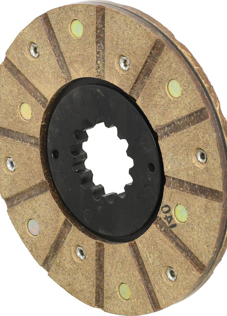 The Sparex Brake Friction Disc (Sparex Part No.S.42793) features a circular metallic clutch plate with radial slots and a black centered hub featuring a splined inner ring. Specifically designed for models like the Landini 5500, this disc offers superior performance with its optional organic lining. It has an outer diameter of 165mm.