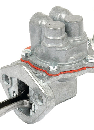 The Sparex Fuel Lift Pump (Part No. S.42949) is a silver metal component designed for Massey Ferguson and Perkins engines, featuring multiple cylindrical parts, a lever extending from the base, and connecting bolts.