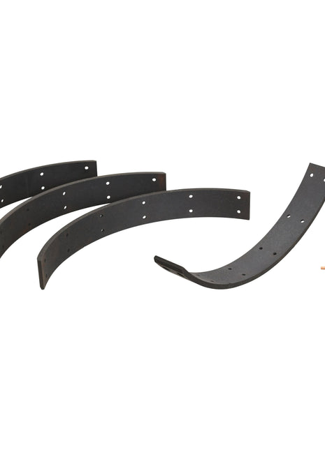 Four black arc-shaped metal pieces and a small pile of copper-colored riveted screws, part of the Sparex Brake Lining Kit Shoe (340mm) - Sparex Part No. S.42951.