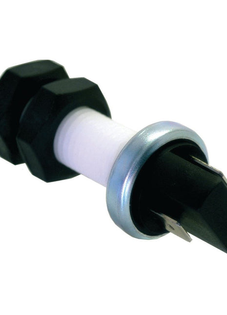 Close-up image of a black and white Brake Switch, Sparex Part No. S.42960, featuring a metallic ring and two hexagonal nuts, reminiscent of high-quality Massey Ferguson parts by Sparex.