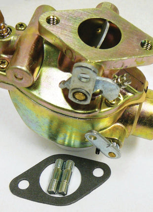 A Sparex Carburettor (Sparex Part No.S.43061) with a gasket and two bolts, ideal for a Massey Ferguson tractor, rests elegantly on a white background.