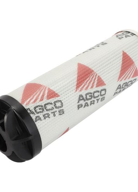 A cylindrical Massey Ferguson hydraulic filter (4312614M1 - 4312614M2) by AGCO, featuring a white branded surface and black end caps, compatible with Massey Ferguson models, placed on a plain background.