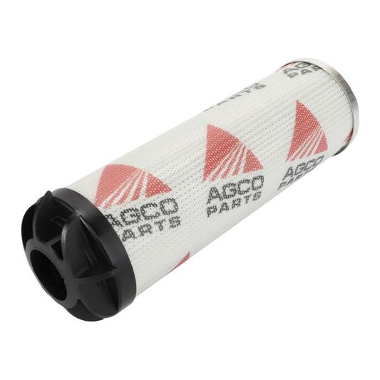 A cylindrical Massey Ferguson hydraulic filter (4312614M1 - 4312614M2) by AGCO, featuring a white branded surface and black end caps, compatible with Massey Ferguson models, placed on a plain background.