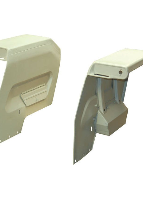 Two beige plastic automotive parts, viewed from different angles. Each part features a rectangular cut-out and detailed molding, perfect for Massey Ferguson models. These components are part number S.43222 in the Sparex catalog, labeled as Fender Set (RH & LH).