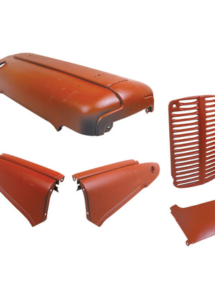 Various rust-colored metal body panels and parts, including a grille, hoods, a Sparex Bonnet Assembly (Sparex Part No. S.43224), and fenders from Sparex, are arranged against a white background.