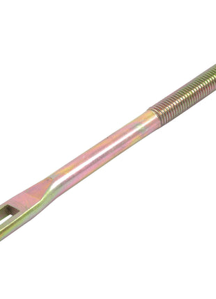 A Sparex Brake Cylinder Rod (Sparex Part No. S.43492) with a partially threaded end and a flattened opposite end featuring a slotted hole, ideal for use in Massey Ferguson brake cylinder rods.