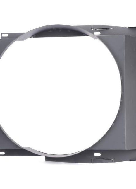 The AGCO Massey Ferguson - Fan Surround - 4353855M1 is a gray circular metal shroud with rectangular mounting brackets on the sides, specifically designed for compatibility with the Massey Ferguson 6400 Series.