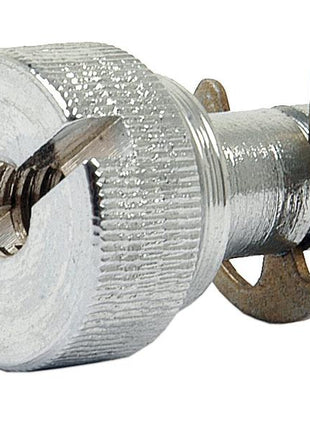 A close-up of the Sparex Grille Retainer Stud (Sparex Part Number: S.43669) with a metallic, slotted head and an attached washer, highlighting its precise length and width.