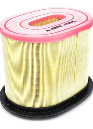 Introducing the AGCO Massey Ferguson - Air Filter Element - 4375638M1: a cylindrical filter with a black base and pink top, featuring pleated yellow filtering material. Ideal for use with Massey Ferguson models.