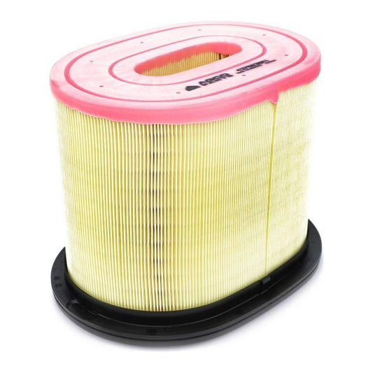 Introducing the AGCO Massey Ferguson - Air Filter Element - 4375638M1: a cylindrical filter with a black base and pink top, featuring pleated yellow filtering material. Ideal for use with Massey Ferguson models.