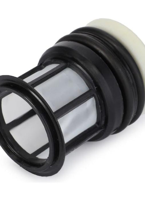 The AGCO Massey Ferguson - Kit, check plug - 4387483M1 is a small cylindrical plastic mesh filter with a black frame and an off-white cap, compatible with certain Massey Ferguson models, including those equipped with Dyna-4 and Dyna-6 transmissions.