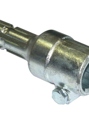 The Sparex PTO Adaptor - Female spline 1 3/4'' - 6 x Male spline 1 3/8'' - 6 with Clamp Bolt (S.4465) is a metallic automotive tool featuring a cylindrical body, hexagonal socket, and knurled grip section. Designed specifically for tightening or loosening unique types of automotive fasteners, this standard duty tool is ideal for PTO adapter applications up to 70HP.