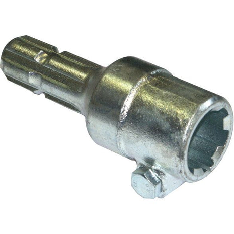 The Sparex PTO Adaptor - Female spline 1 3/4'' - 6 x Male spline 1 3/8'' - 6 with Clamp Bolt (S.4465) is a metallic automotive tool featuring a cylindrical body, hexagonal socket, and knurled grip section. Designed specifically for tightening or loosening unique types of automotive fasteners, this standard duty tool is ideal for PTO adapter applications up to 70HP.